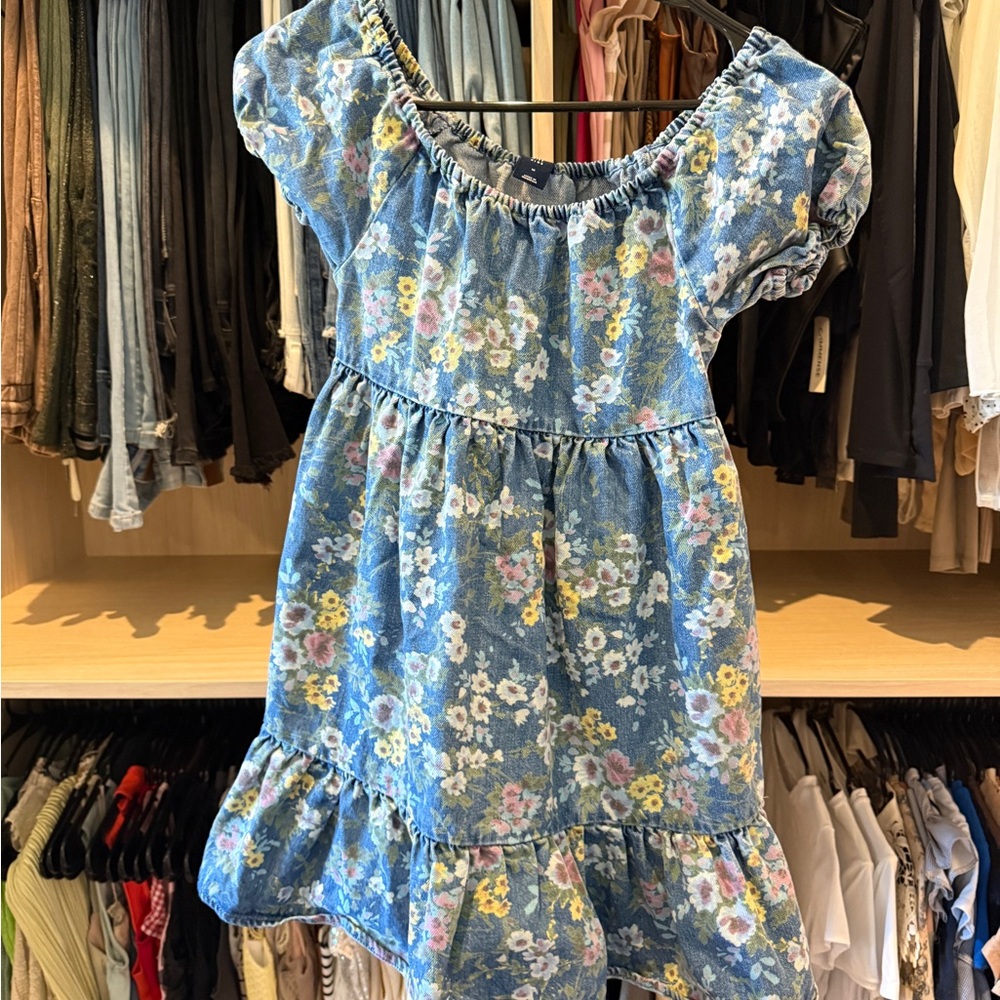 Gap Kids Denim Puff-Sleeve Floral Dress